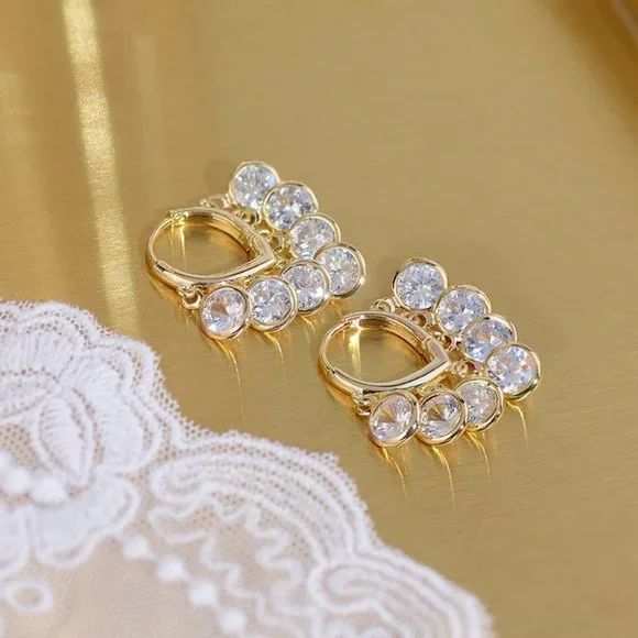 NEW 14K Gold Plated Round Diamond Drop Huggie Hoop Earrings - Picture 5 of 8